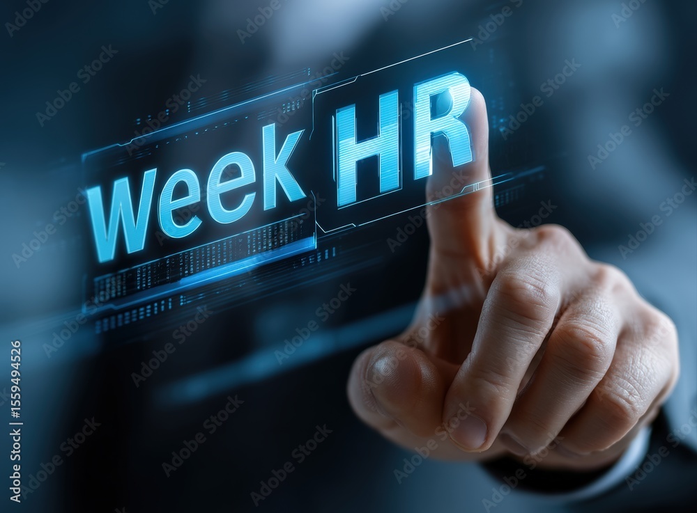 Poster hand touching a futuristic virtual screen saying week hr, concept of human resources management in a