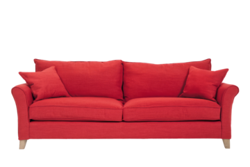 red sofa with cushions isolated on white background.