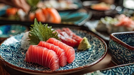 Fototapeta premium Close-up of fatty tuna otoro sashimi slices with perfect marbling served on a traditional ceramic plate