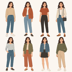 Naklejka premium Vector Set Pretty young women in different fashion looks of clothes vector illustration isolated on white background