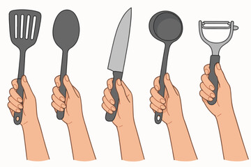 Vector Set Hands holding kitchen utensils vector collection on white background