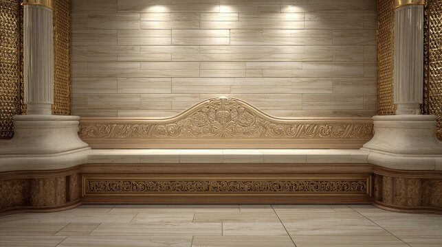 Warm marble bench in Cleopatra spa Turkish bath, cozy steam environment, elegant golden details