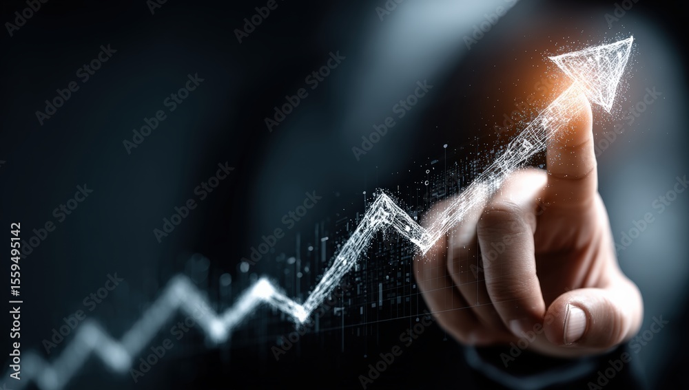 Poster businessman touching a growing graph chart with an upward arrow, representing the concept of busines