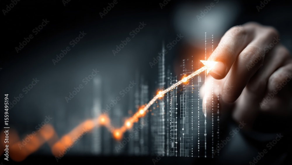 Poster businessman touching a growing graph chart with an upward arrow, representing the concept of busines