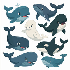 Vector Set Cartoon whales. Blue whale  humpback beluga killer bowhead orca cachalot underwater aquatic animal big fish sea ocean mammals marine under water giant swanky vector illustration
