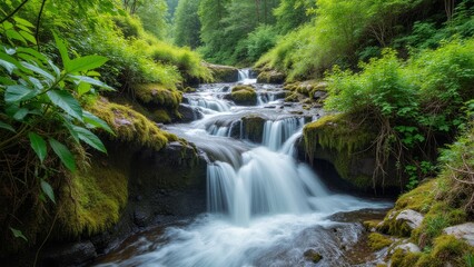Cascading water over mossy rocks in a lush forest.