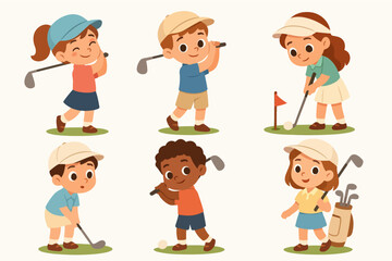 Vector Set Children play golf. Cartoon kid golfer characters girl or boy stick hit ball swing putt school summer golfing club field course child junior sport