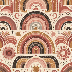 Bohemian Rainbow Sun Moon Stars Seamless Pattern Design