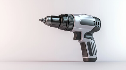 cordless electric drill with a sleek design, featuring a black and gray color scheme, resting on a light surface against a plain background.