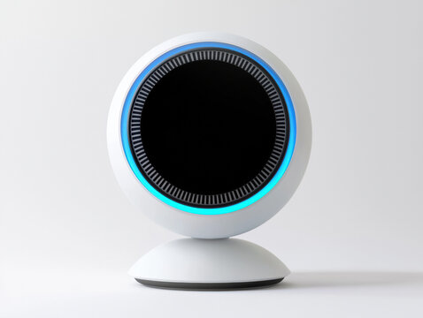 sleek, modern smart home device with a circular digital display and blue LED ring, designed for interactive control and voice commands in a minimalist setting.