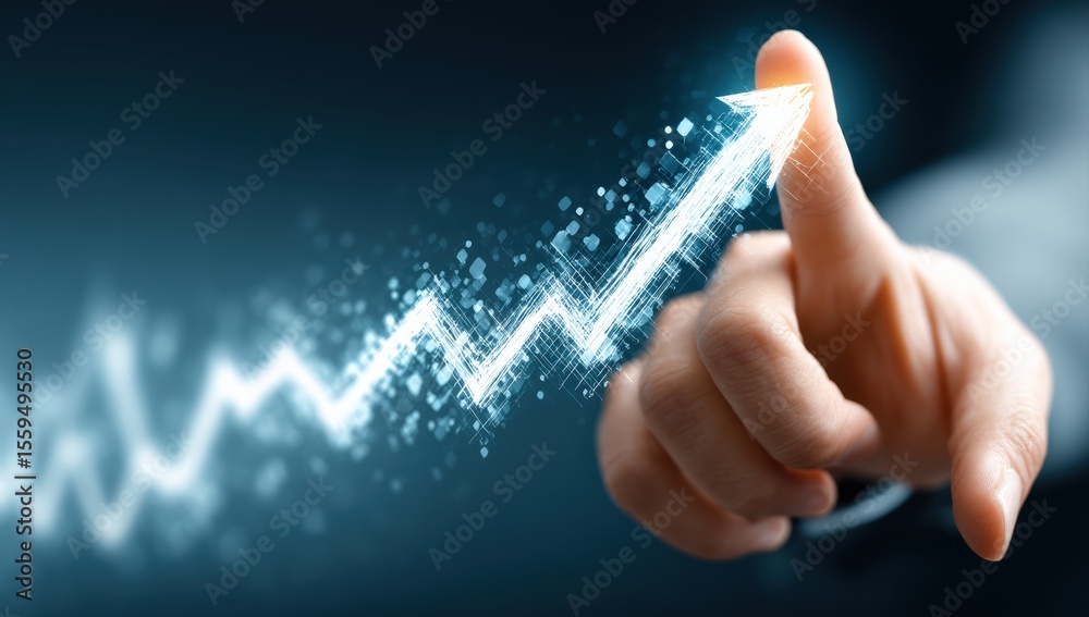 Poster businessman interacting with a growth graph displayed on a virtual screen, symbolizing progress and 