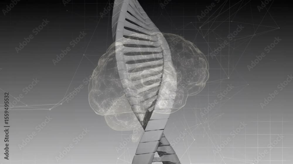 Poster at start metallic dna helix and 3d brain rotating visualizing structure over grid and nodes