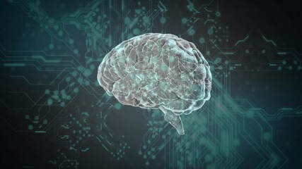 Upon activation 3D holographic brain rotating across teal circuitry backdrop, visualizing data flow - Powered by Adobe