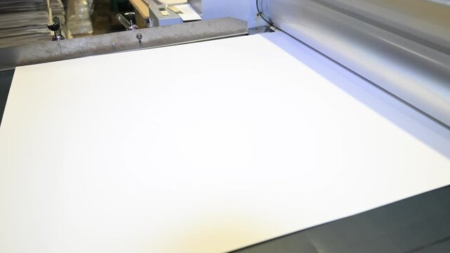 An industrial laminator works by laminating, applying a transparent film to paper in the production room of a printing house