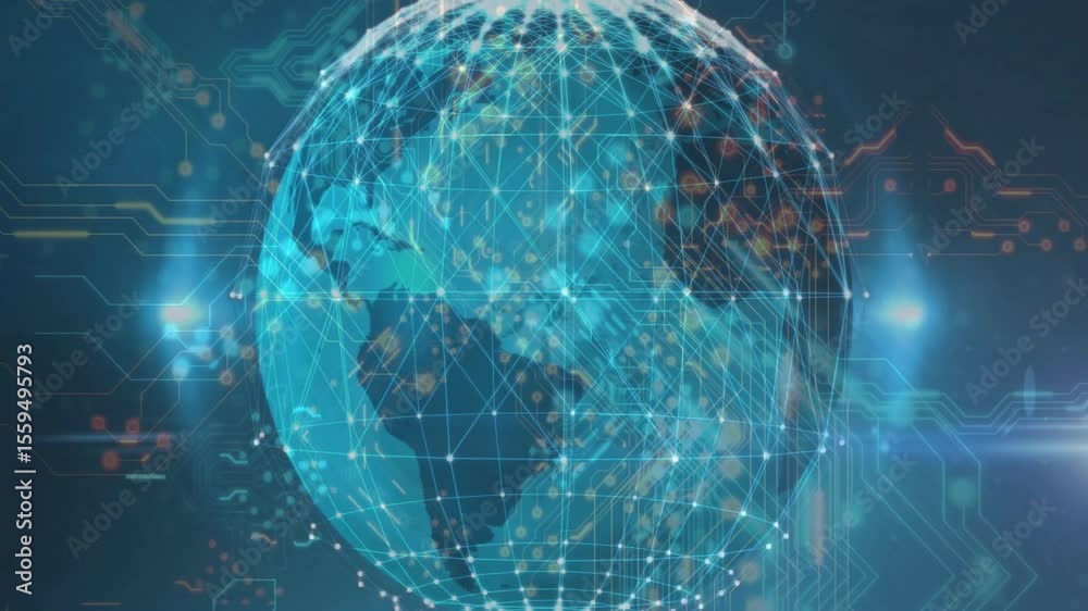 Poster digital globe starting rotation on load with data nodes pulsing and connecting to visualize network