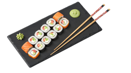 Sushi rolls with wasabi and chopsticks on a serving platter on transparent background