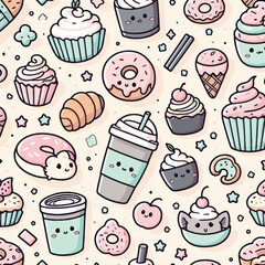 Adorable Kawaii Sweets Seamless Pattern Cupcakes, Donuts, and Coffee