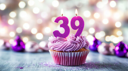 A pink cupcake with the number "39" in purple frosting, sitting on an elegant table against a blurred background of twinkling lights and a bokeh effect.