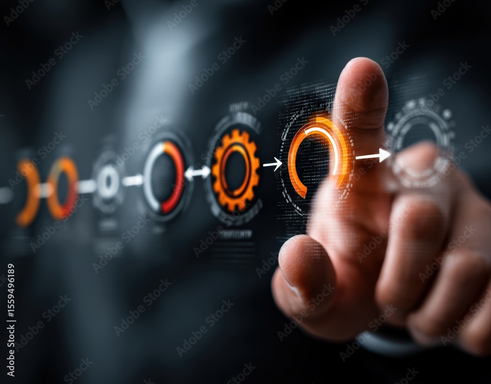 Poster businessman touching digital giant chart on virtual screen, managing project workflow, business deve