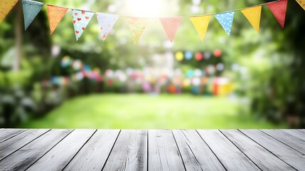 Festive Party Bunting Over Wooden Table Garden Background