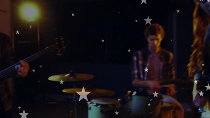 Drummer striking snare under floating stars kicking off band performance and glitch lines flashing