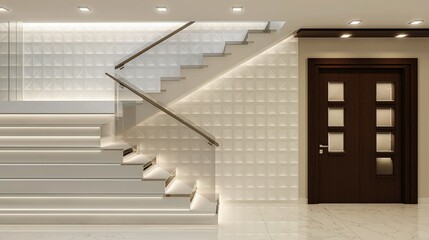 Fototapeta premium An illuminated modern interior showcases a sleek white staircase with a clear glass railing adjacent to a dark wooden door.