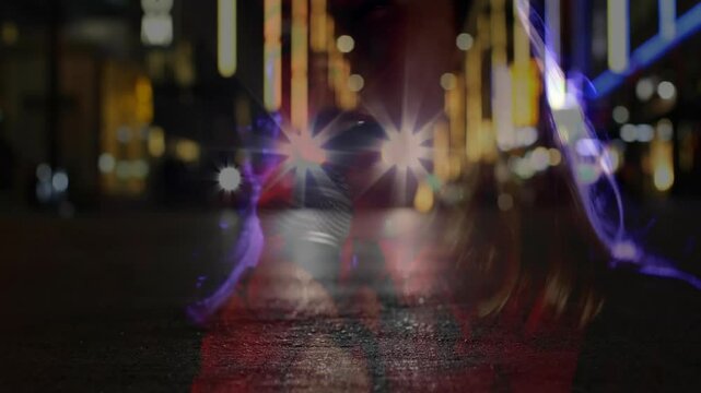 Headlights switching on revealing singer singing neon song on wet asphalt holding mic