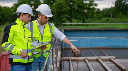 Wastewater treatment plant engineers are working together to develop a water filtration system for the treatment plant to improve its quality.