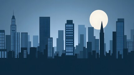 Fototapeta premium Night Cityscape Skyline Silhouette Moonlit Urban Landscape
