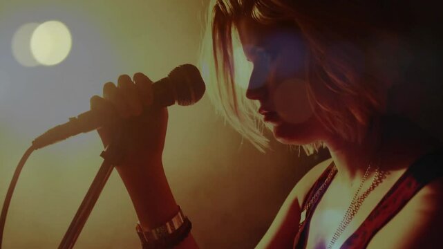 Teenage singer grasping mic stand performing music with light flares swirling around her