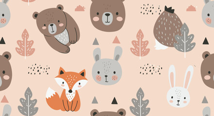 Adorable Woodland Animals Seamless Pattern Cute Bears, Foxes, and Bunnies Illustration