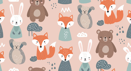 Adorable Woodland Animals Seamless Pattern Cute Rabbits, Foxes, and Bears