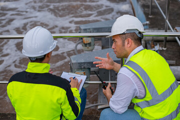 Wastewater treatment plant engineers are working together to check the water quality in the...