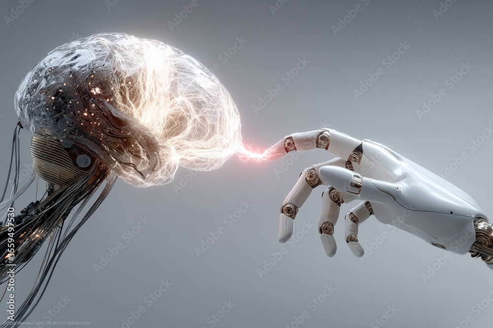 Aufkleber Robotic hand touching digital brain creating connection via electrical current, symbolizing artificial intelligence and neural network