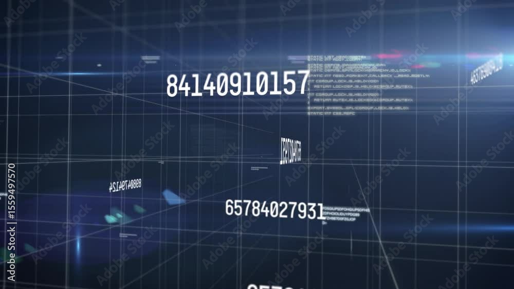 Poster 3d grid opening initiating floating numbers, code blocks shifting toward user guiding data flow
