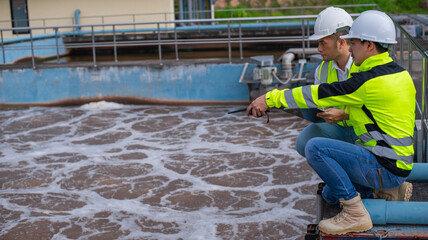 Wastewater treatment engineers and inspectors work together to identify faults in the wastewater...