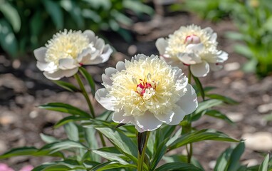 Creamy White Peonies Blooming in Garden Sunlight