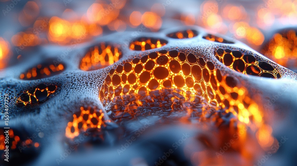 Fototapete abstract alien landscape with glowing honeycomb texture pattern in orange and black tones and a fros
