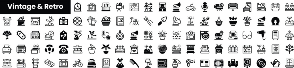 A collection of vintage and retro icons, showcasing various nostalgic themes and elements like home appliances, film, plants, and telecommunication devices.