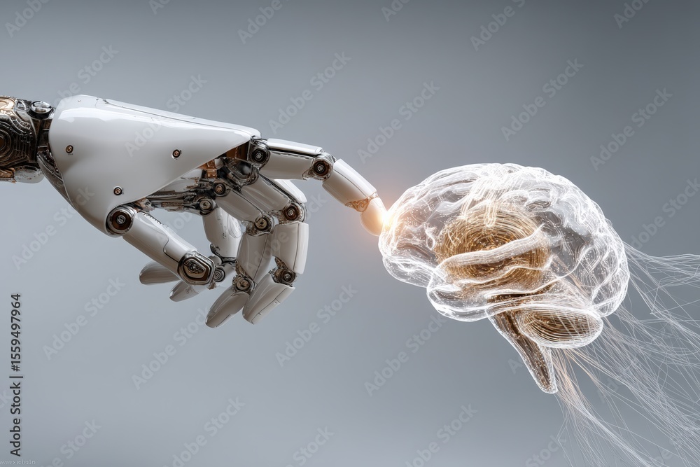 Poster Robotic hand touching a digital brain, symbolizing the connection between artificial intelligence and human like interaction