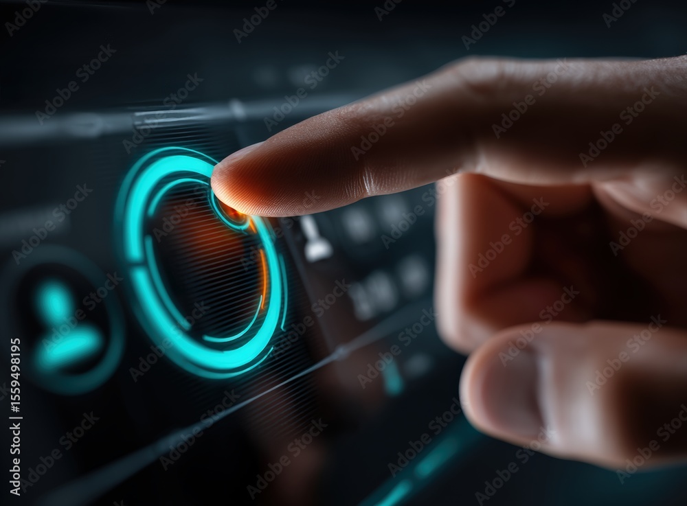 Poster Businessman touching virtual futuristic screen, activating a circular button with his index finger