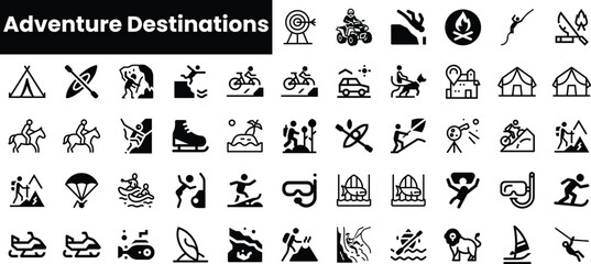 A diverse collection of adventure destination icons showcasing activities like camping, hiking, and watersports, perfect for outdoor enthusiasts and travel lovers.
