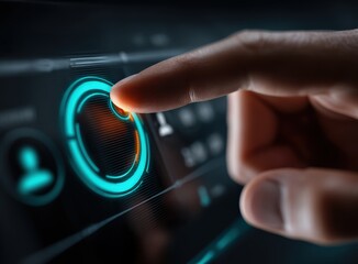 Businessman touching virtual futuristic screen, activating a circular button with his index finger