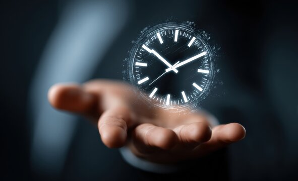 Businessman managing time and money, holding a virtual clock in his hand, symbolizing time management, deadlines, and financial efficiency