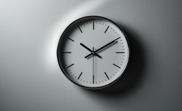 Minimalist chrome clock hanging on a pristine white wall, displaying the current hour and minute with elegant simplicity and modern design