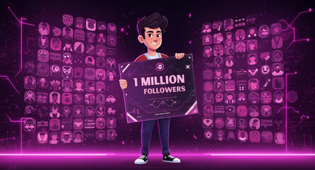 1 Million Followers Achievement – Man with Banner Illustration