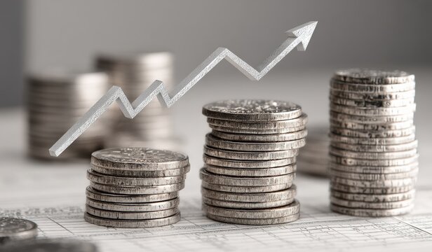Stacks of silver coins with upward trending arrow suggesting financial growth, investment success, and wealth accumulation