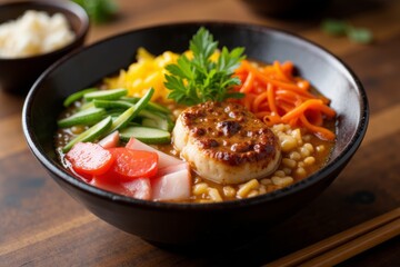 Close-up view of a bowl containing a curry noodle dish. 
