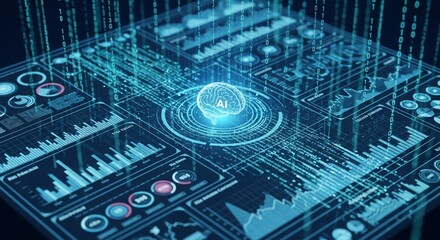 Ai brain interface with binary code and data charts in a futuristic technology display screen