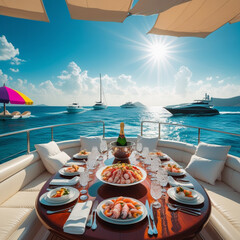 Obraz premium Luxurious seafood lunch with champagne on a yacht in the mediterranean sea 